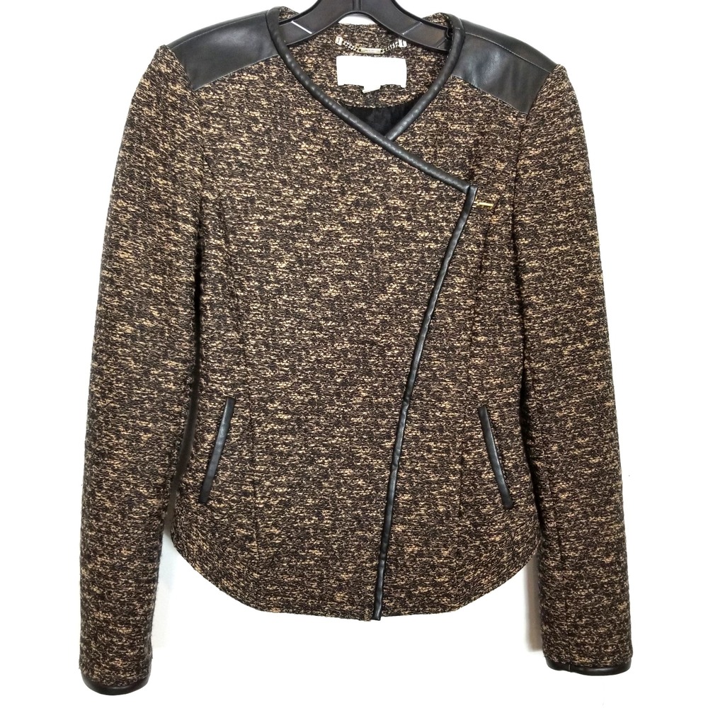 Hugo Boss Women Leather Trims Asymmetrical Zip Jacket Sz 0 Brown Wool Blend